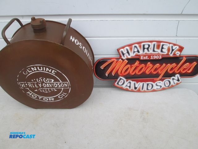 Lot 2-56923 - Harley Davidson motor oil 5-gallon can, 14" round metal Harley neon metal looking sign - approx. 10"...
