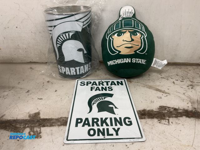 Lot 2-65689 - lot of Michigan State Merchandise includes: Metal Mich. State Trash Can 15" tall x 9" wide, Mich. St...