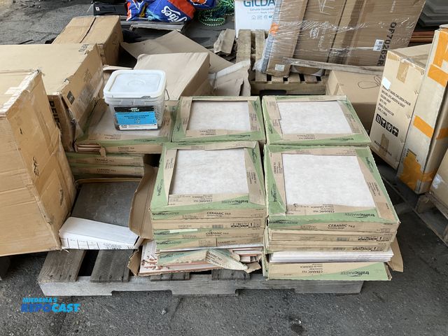 Lot 2-13272 - Skid of traffic master Sonoma beige and Somerset mountain grey 16”x16” ceramic tiles, and tub of Gri...