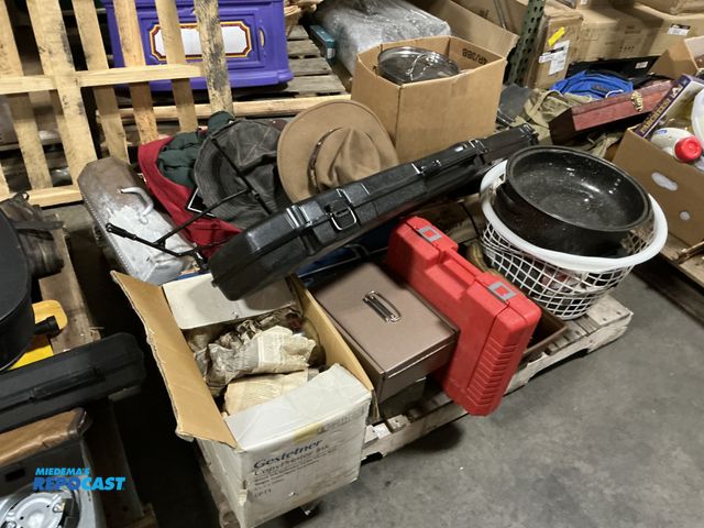Lot 2-99914 - Skid lot of various items including pots and pans, gun case, hats, tent and more