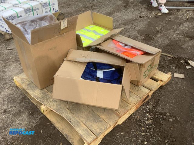 Lot 2-93910 - Skid lot of Orr safety orange blue  yellow safety vest and protective apparel