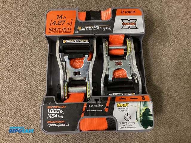 Lot 2-14656 - New 2 pack Heavy Duty Orange Smart Straps. 1-1/4”X 14 feet. Ratcheting tie downs. Wide comfort grip ...