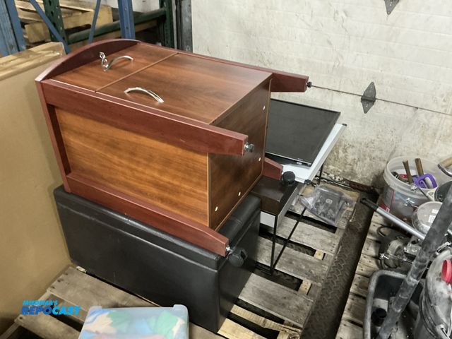 Lot 2-27160 - Skid lot of a bed side stand, a foot rest with storage, a coffee table, a TLC Roku TV with mount and...