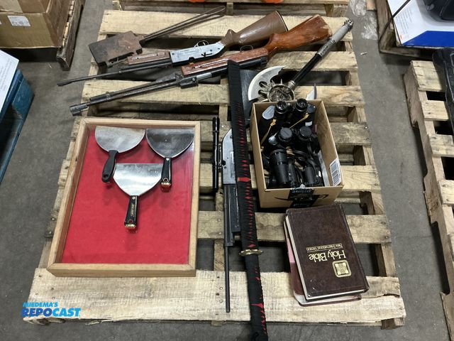 Lot 2-23931 - Skid Lot of Items including Samurai Sword, (3) BB/Pellet Guns, Misc Books, Small Wooden Display Case...