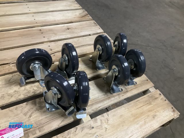 Lot 2-22023 - (8) new 5” x 1.25” urethane tread casters (four swivel and four rigid), ball bearings, the swivel ca...