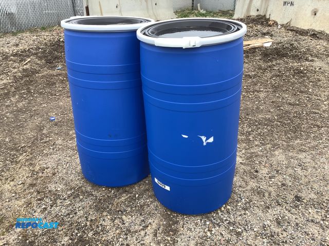 Lot 2-74436 - barrel (2) 35 gallon blue plastic barrels with removable lids and locking rings. Clean Inside.