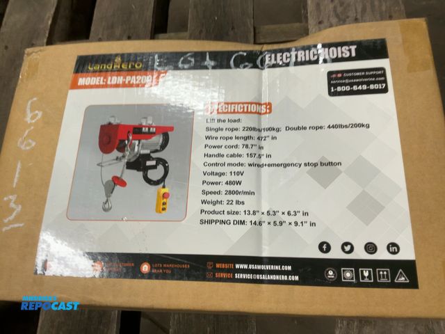 Lot 2-33575 - New LandHero Electric Hoist, 220 lb Single Rope Capacity, 440 lb Double Rope Capacity, 110 Volt, Cor...