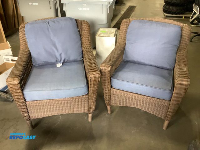 Lot 2-99490 - Hampton Bay Polyester fiber (2) stationary patio chairs-Blue/Brown measures 23.5” x 20.25” x 7.75”