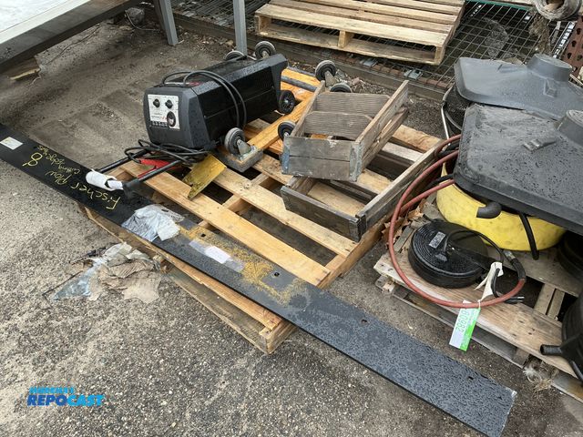 Lot 2-60988 - Skid lot of misc. includes: Schumacher wheeled battery charger and engine, mini step ladders, moving...