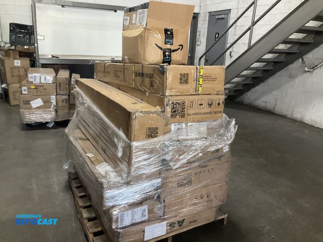 Lot 2-96641 - Skid lot of various furniture types tv stands metal shelving coffee tables etc. may be partial boxes...