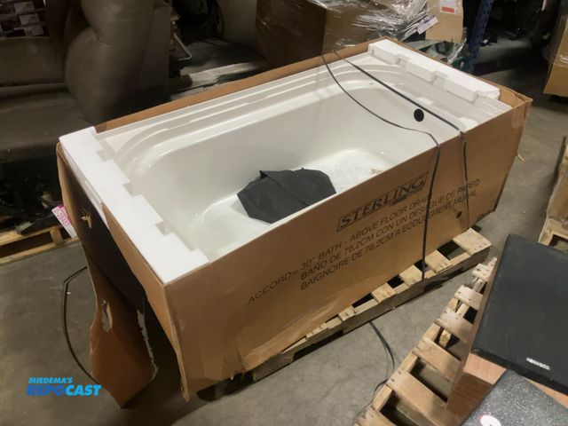 Lot 2-38373 - Sterling accord 30” fiberglass bath, above floor drain, has some shipping damage