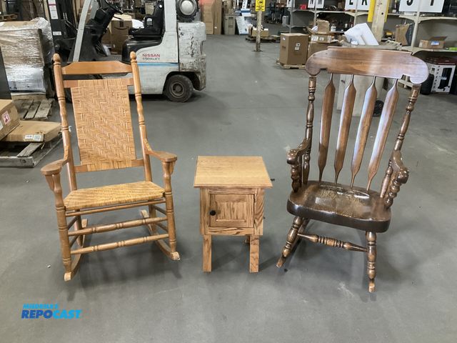 Lot 2-77152 - Lot of (2) Wooden Rocking Chairs (Show some Wear) and (1) Wood Side Table