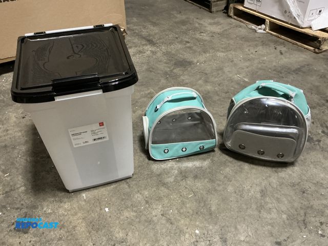Lot 2-96562 - Clear/black 64qt Airtight Pet Food Container on wheels and (2) Pet Carriers