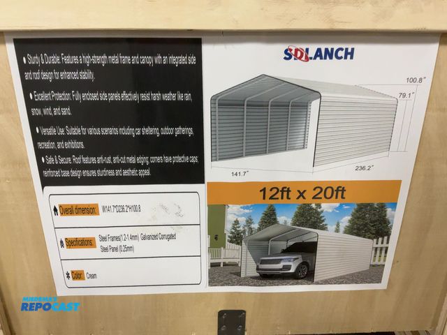 Lot 2-42718 - New SDLANCH 12’x20’ Carport with Enclosed Sidewalls, Cream Color, 141.7” wide x 236.2” deep x 100.8”...