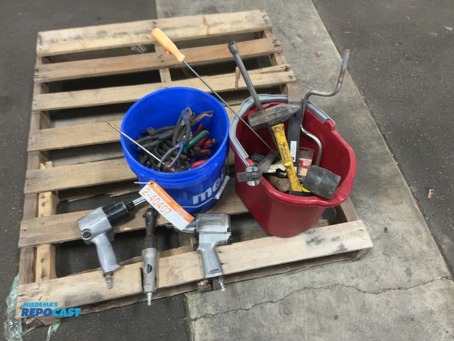 Lot 2-40407 - (2) Buckets of Assorted Tools, includes (2) 1/2" Pneumatic Impacts, 3/8" Pneumatic Ratchet, Pliers, ...