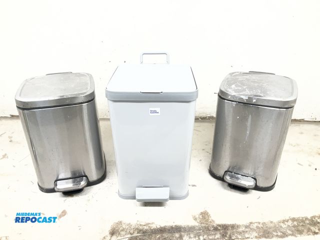 Lot 2-60415 - Lot including (2) 8” x 8” x 11.5” tall stainless steel waste baskets with foot controlled lid and re...