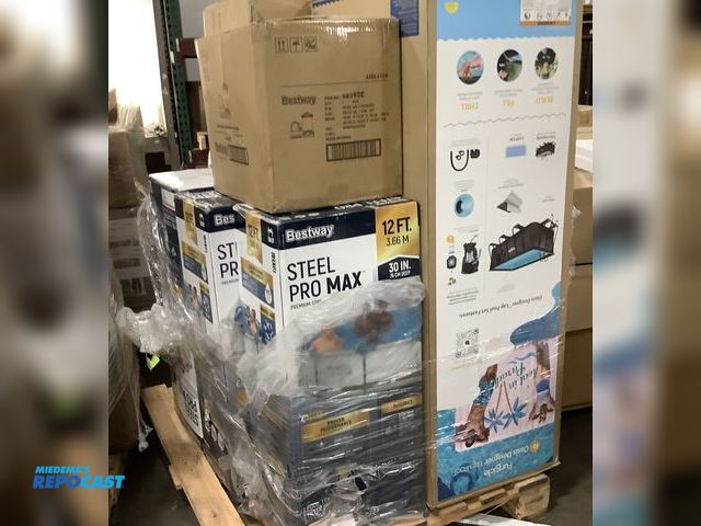 Lot 2-95139 - Lot of 5 bestaway 12ft pools, filter pump, 2 pool slides, and a Funsicle 13 ft oasis designer pool.