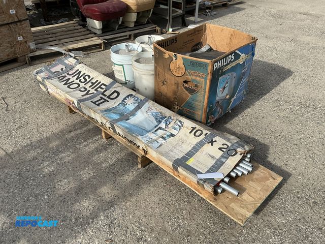 Lot 2-60976 - Large black 10x20 Canopy tarp w/ (4) bucket of Concrete and 10’x20’ Canopy tarp poles