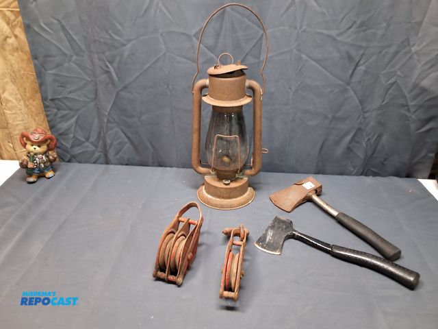 Lot 2-10665 - (2) HATCHET'S, NO 2 ROCHESTER NY OIL LANTERN AND PULLEY'S
