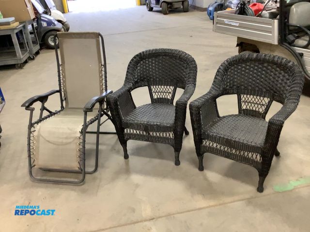 Lot 2-19327 - 1 Lot of (3) chairs. (2) weaved pool chairs, and (1) folding chair