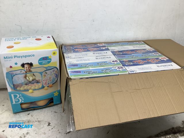 Lot 2-94970 - Lot of (12) 46 piece children’s puzzles, and mini child play place with colorful balls.