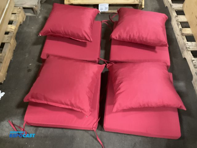 Lot 2-75714 - set of (4) outdoor  chair cushions. One pillow has a rip.