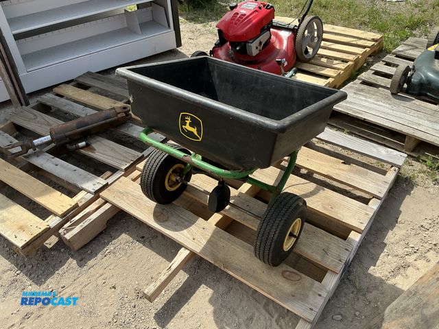 Lot 2-64029 - John Deere Lawn &amp; Garden Tractor pull-type fertilizer spreader &amp; Lawn Seeder