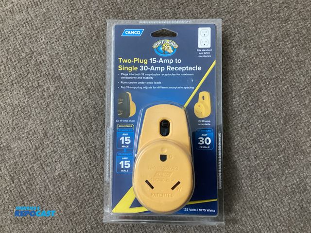 Lot 2-76408 - New Camco Two Plug 15 amp to Single 30 amp Receptacle. Fits standard and GFCI receptacles.