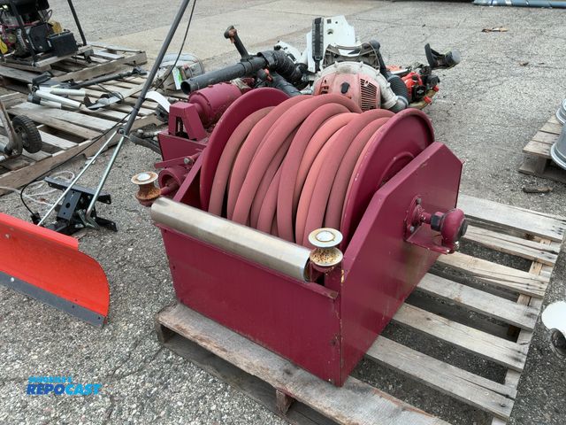 Lot 2-69595 - Red industrial heavy duty outdoor hose reel and hose