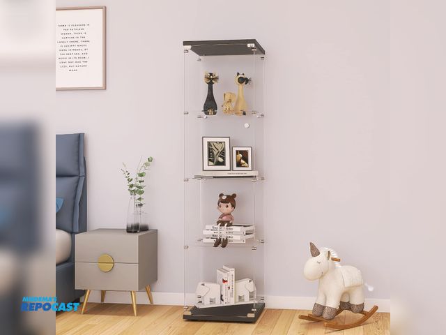 Lot 2-40327 - New LFT HUIMEI2Y 4-Tier Glass Display Cabinet with Lock, Display Case Black Single-Door Tempered Gla...