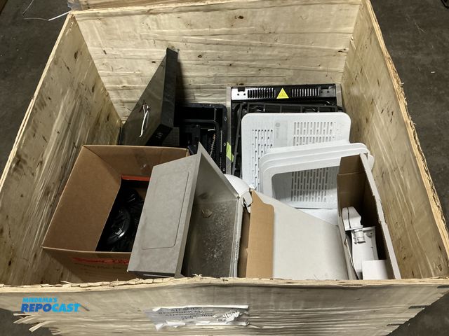 Lot 2-93921 - Wooden Gaylord of Miscellaneous RV Parts Including Sinks, Vent Covers, Cooktops, Speaker, and More