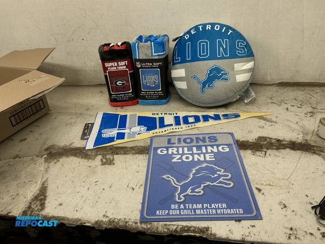 Lot 2-65691 - lot of Detroit Lions Merchandise includes: Metal Signs - Lions Grilling Zone 12 x 16, 15" Lions Pill...