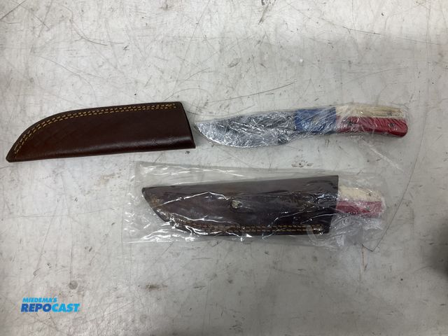 Lot 2-92396 - Lot of (2) Handmade steel blade knife w/ leather sheath - red, white, &amp; blue handle