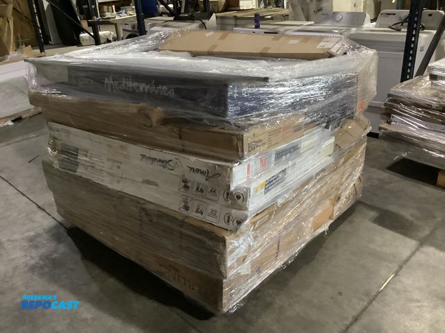Lot 2-99938 - Skid lot of miscellaneous bathroom supplies including: frameless mirrors, shower bases, shower panel...