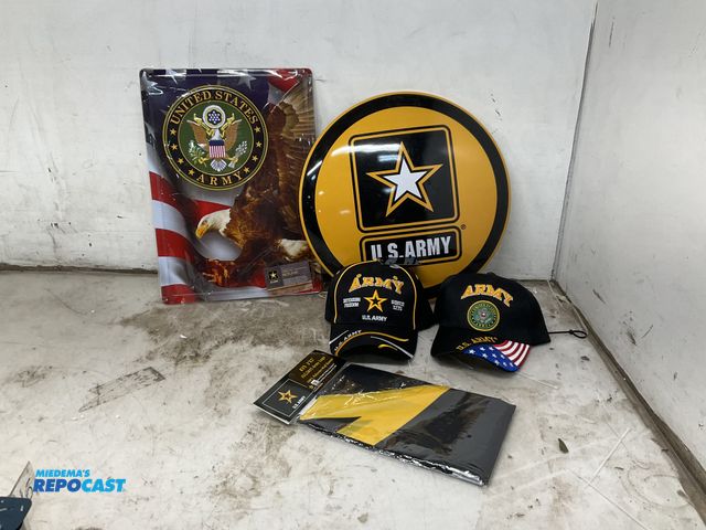 Lot 2-65695 - lot of Army Merchandise includes: (2) Army Ball Caps - velcro black, Army Metal Sign 12" x 18", Army...