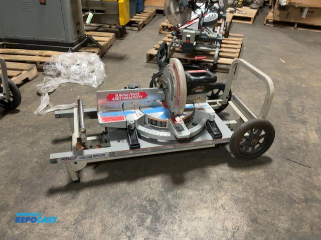 Lot 2-62935 - delta sidekick 36-235 12" compound miter saw mounted on a ridgid MS-UV rolling stand