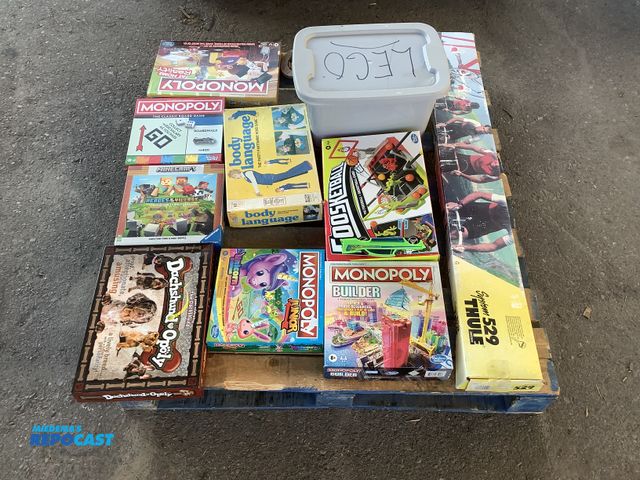 Lot 2-99104 - Skid lot of assorted toys and games including: legos, horseshoes, (5) variations of monopoly, Minecr...