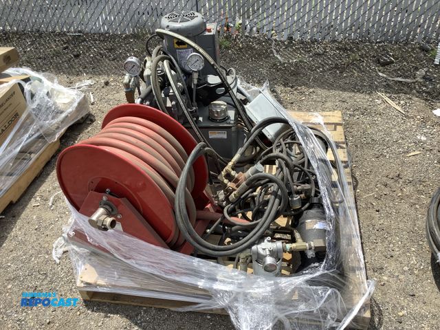 Lot 2-10364 - Industrial skid lot including: reel craft H19000, marathon hydraulic pumps and controls, pneumatic h...