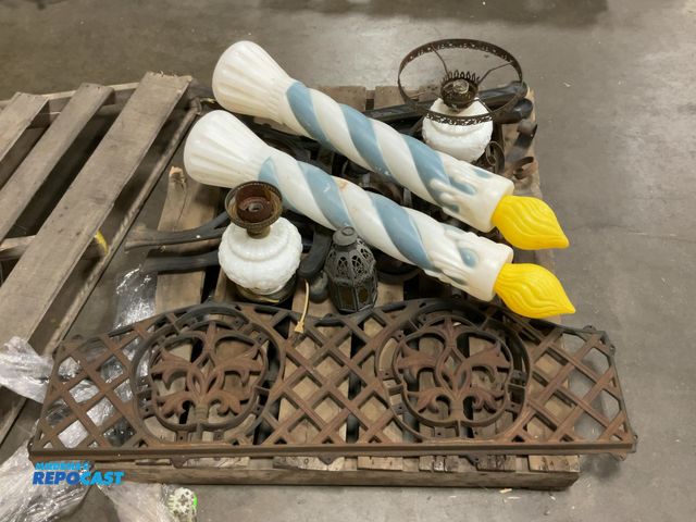 Lot 2-18268 - Skid lot of miscellaneous household items including unassembled iron bench, decorative plastic candl...