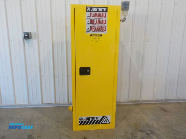 Lot 2-34217 - JustRite flamable liquid storage cabinet. 22 gallon liquid capacity. Aerosolv vent adapter. Two adju...