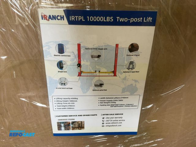 Lot 2-42530 - New IRANCH IRTPL 10,000 lb Capacity Two-Post Vehicle Lift, 1800 MM Lifting Height, Posts are 106-1/2...