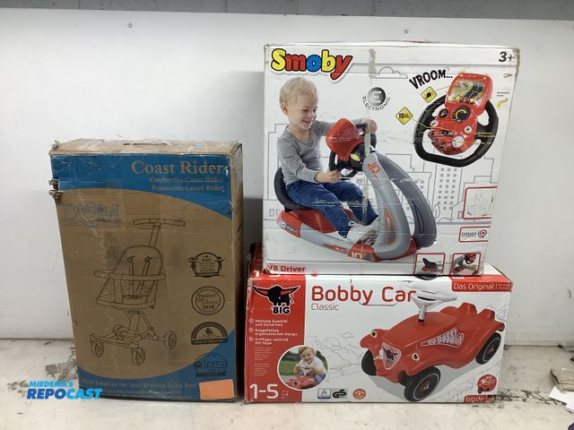Lot 2-19690 - Lot of (1) DOM Family #365 Coast Rider Stroller, Black, (1) Snoby V8 Driver Toy, and (1) Big Bobby C...