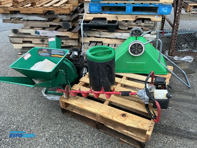 Lot 2-95980 - Chipper/Shredder, Gas Post Hole Auger, and Garden Cart with Mixing Barrel, All Run, Auger Needs Prim...