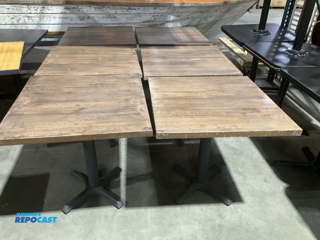 Lot 2-55145 - 6 Solid wood tops with single metal leg Restaurant Tables  (RSSC)