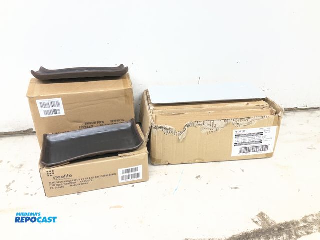 Lot 2-19436 - Lot of (3) boxes of plates. (2) boxes of grey stone 11x5x7/8 and (1) box of a white 16x5.5” rectangu...