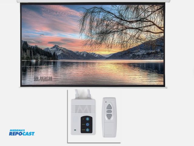 Lot 2-67046 - Lot of (3) LeadZM brand approx. 7.5’ motorized projector screens with remotes.