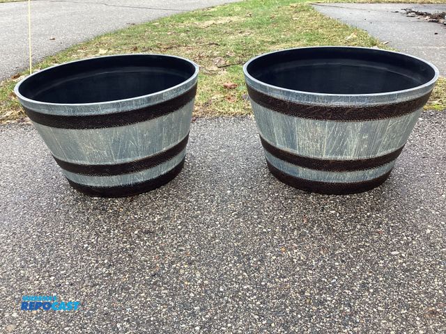 Lot 2-92871 - Two new 20.5” resin whiskey barrel planters. 12-1/2” tall. White Wash