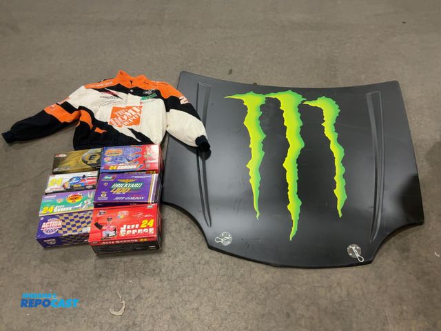 Lot 2-69190 - Lot of nascar items including a monster hood, Home Depot jacket, and many Jeff Gordon car collectabl...