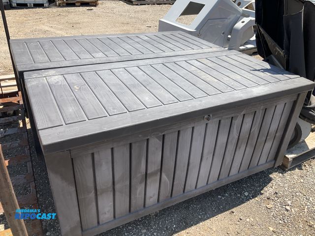 Lot 2-90347 - Plastic (2) gray outdoor storage bins 61”L x 29”W x 25”H one is full of pool equipment
