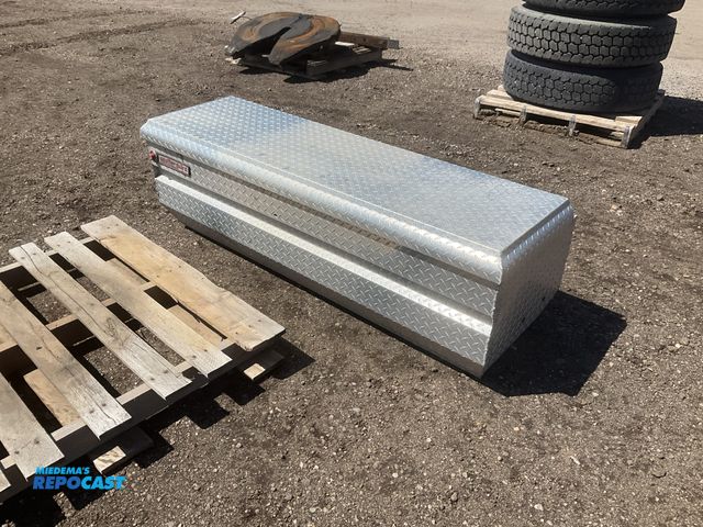 Lot 2-43662 - Weather Guard aluminum diamond plate toolbox 61”W x 19-3/4” x 20”T, a few misc hand tools, banners a...